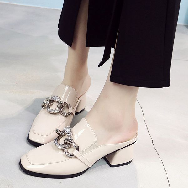 

outside fashion metal decoration women closed toe slippers med crystal sewing solid slides square heel casual women shoes, Black