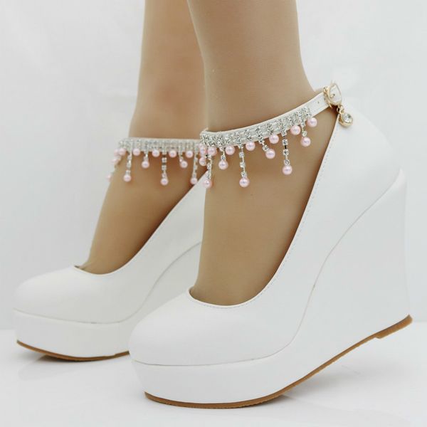 

women pumps shoes wedges round toe buckle strap .5cm high heels platform string bead wedding party female shoes plus size, Black