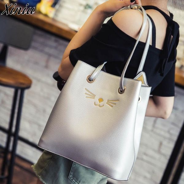 

new arrive 2019 women messenger bags fashion ladies leather clutch girls cat shoulder bag drawstring women travel large bag