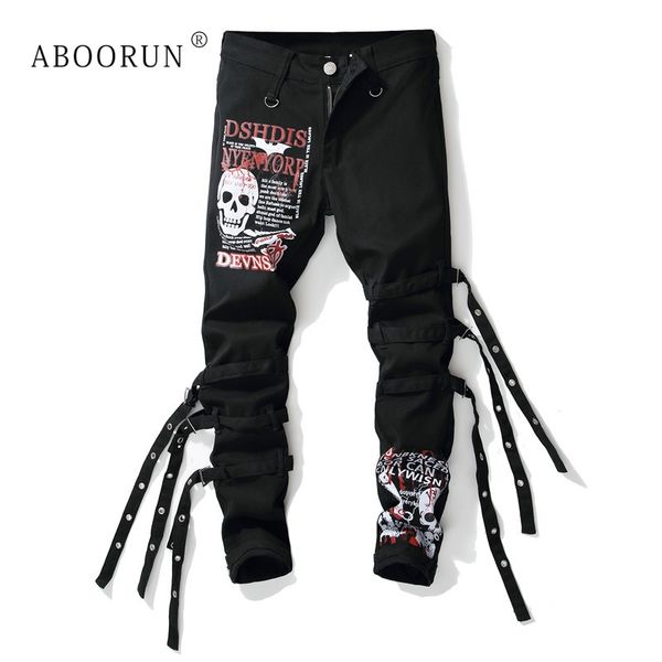 

aboorun fashion skull printed jeans men's punk skinny jeans with ribbons male hip hop streetwear x1574, Blue