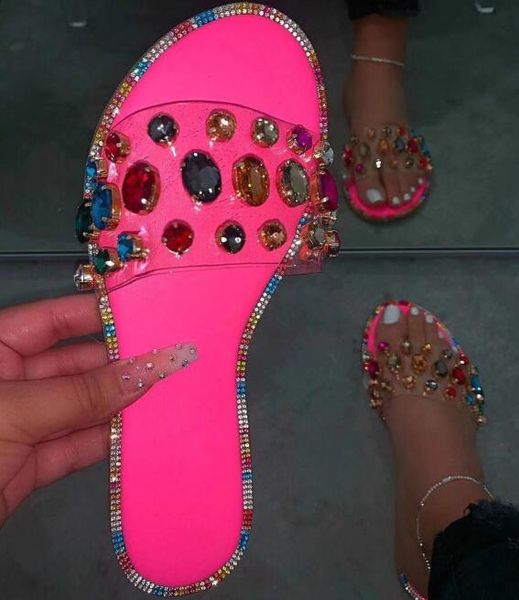 

neon rosy snake pattern gem pvc slippers women outdoor candy-colored beach sandals summer new ladies bright rhinestones slides, Black