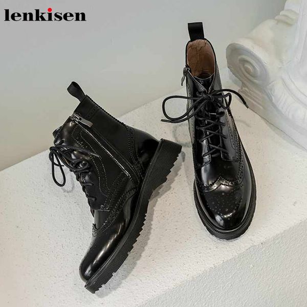 

lenkisen classic boots genuine leather round toe med heels exquisite carved lace up winter warm women ankle boots l11, Black