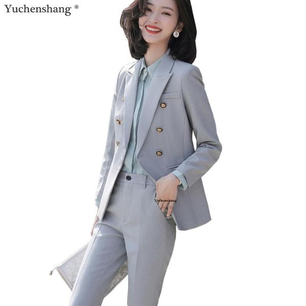 

women's suits & blazers pale gray black single breasted blazer coat with pant women suit for office lady two pieces set size s-4xl, White;black