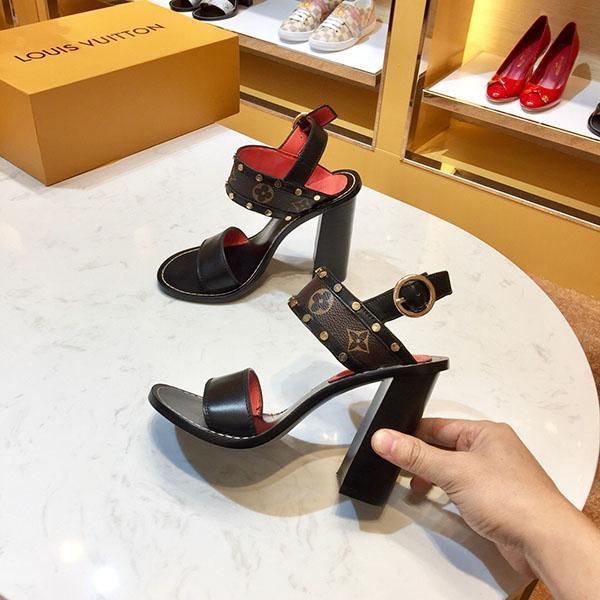 

women print thick heel sandals leather sandal lady rubber outsole high chunky leather sandal size35-41, Black