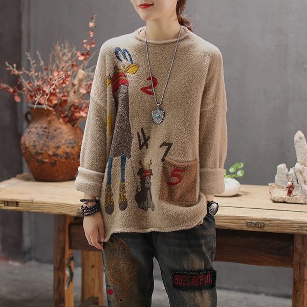 

women sweater autumn retro loose knitting casual pullovers 2019 new ladies o-neck print character all-match sweater, White;black