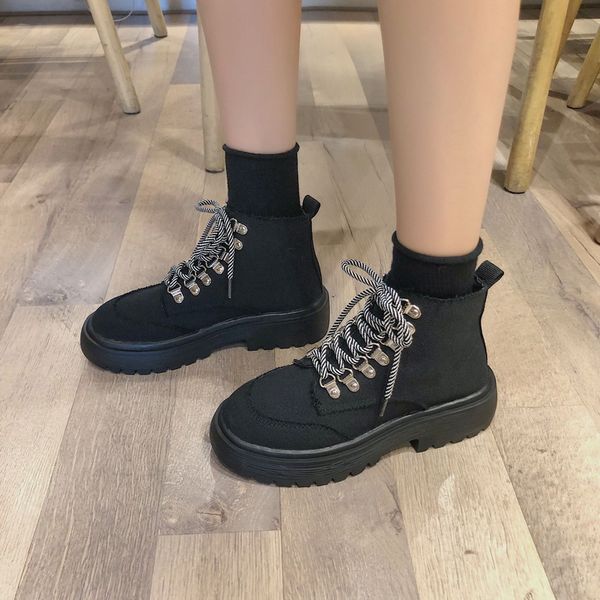 

dihope2020 autumn new casual boots for women versatile fashion muffin platform women flat boots breathable ankle, Black