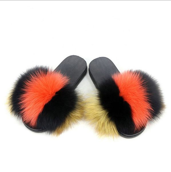 

fluffy fur slides fox fur rainbow color fox fur slide, Black