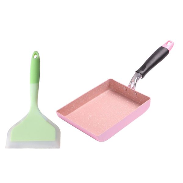 

tamagoyaki non-stick square cast iron frying pan with spatula, pink and green