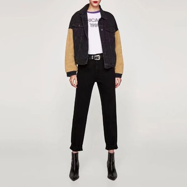 

осень зима высокая талия брюки женская одежда мода джинсы уличная черные брюки 2019 новый случайный сплошной цвет длинные брюки, Black;white