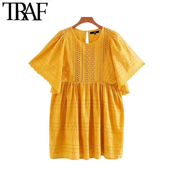 

traf women sweet fashion hollow out embroidery ruffled mini dress vintage o neck short sleeve female dresses vestidos, Black;gray