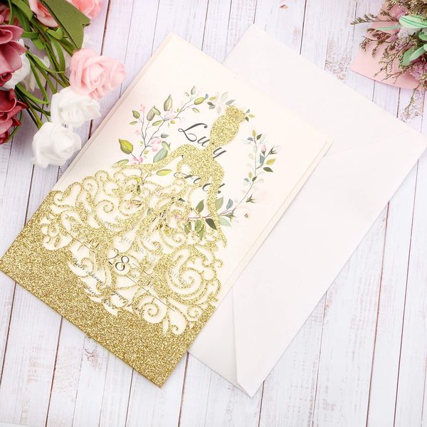 luxury glittery custom mis quince anos invitations gold laser cut girl princess invites sweet 15th sweet 16th birthday party invitation card wedding quinceanos invitations