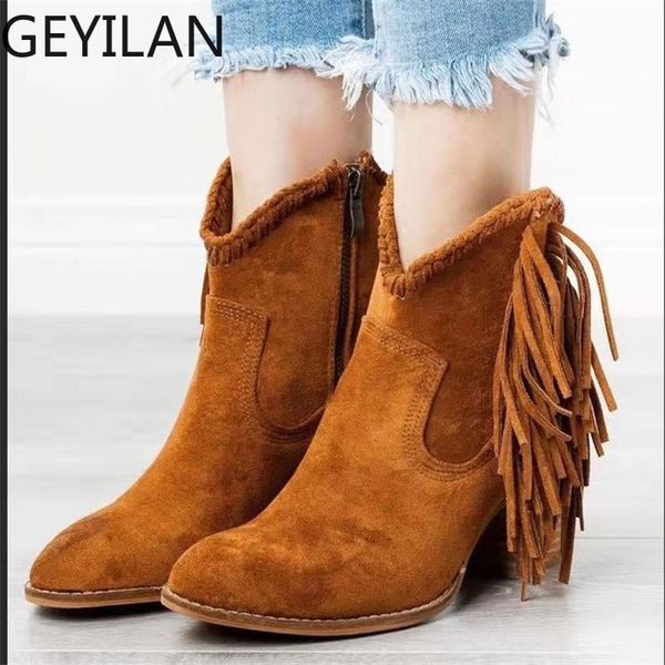 

women's short boots leopard stylish winter tassel boot slip on ankle shoes high heel pointed toe suede shoes ethnic botas, Black