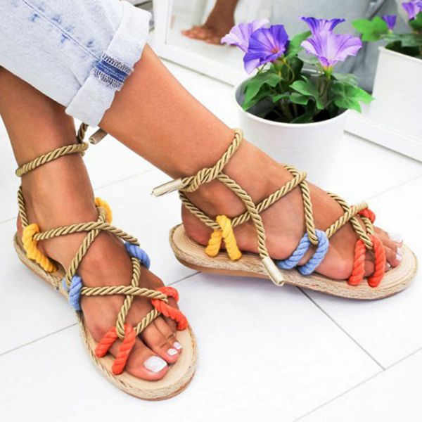 

women sandals 2020 fashion summer shoes woman flat sandals rope lace up gladiator non-slip beach chaussures femme, Black