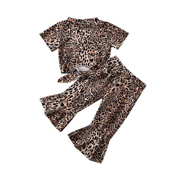 

summer toddler baby girls clothes sets 1-6y short sleeve t-shirt leopard flared pants bell bottom clothes