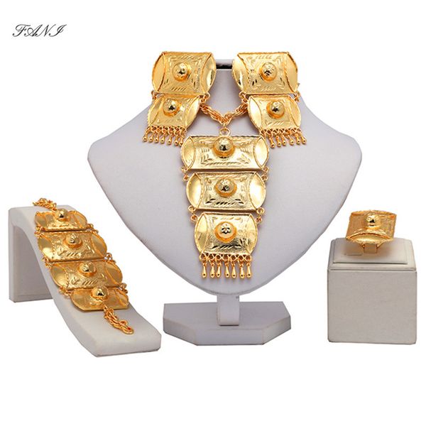 Fani Nigerianischen Hochzeit Frau Zubehör Schmuck Set Großhandel Mode Afrikanische Braut Schmuck Set Dubai Gold Farbe