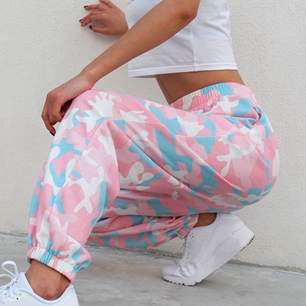

laamei 2019 pink camouflage pants womens camo cargo sweat pants high waist elastic trousers casual baggy joggers print pockets, Black;white