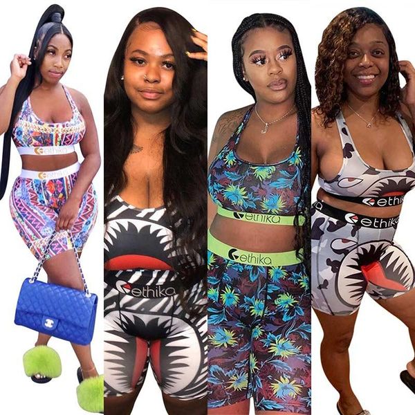 

ethika women designer swimsuit shark swimwear sports bra + shorts trunks 2 piece brand tracksuit quick dry beachwear bikini set cloth, Gray