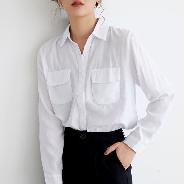 

new 2019 women solid shirt turn-down collar white loose office lady double pockets long sleeve elegant femina blusa t91021r