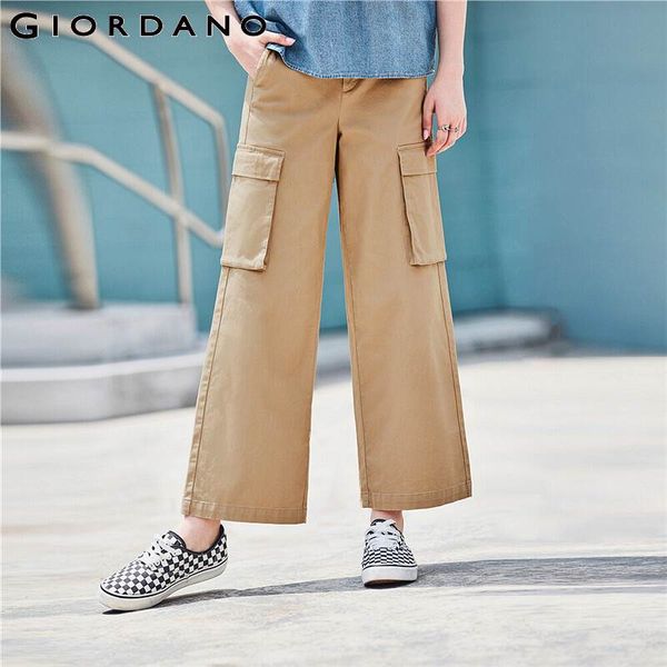 

giordano women pants big flap pockets cargo wide leg pants high rise loose cottion causal pantalones mujer 05420343, Black;white