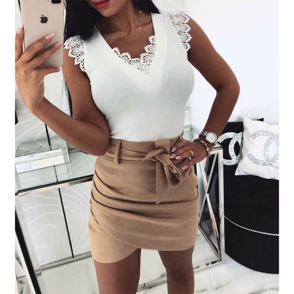 

lace summer women bandage stretch vest sleeveless open back tank ladies v neck camisole t-shirt streetwear /by, White