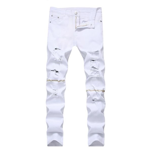 

new style foreign trade europe and america white slim fit zipper with holes casual jeans stretch trousers men's white, Blue