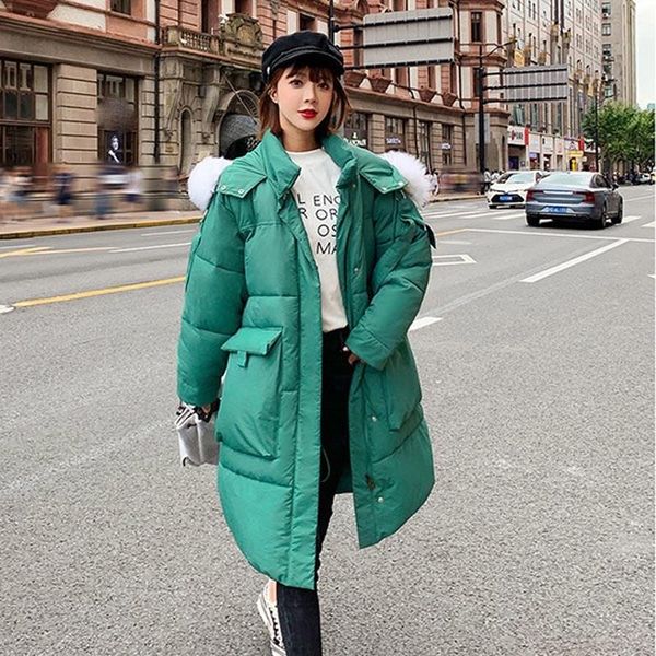 

elegant long down padded coats women casual pocket zipper fur hooded down cotton jacket pockets plus size solid thicken coat, Black