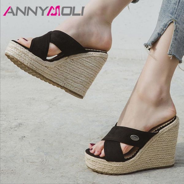

annymoli slippers women espadrille platform wedges extreme high heel slides cross tied open toe shoes ladies sandals black 34-43