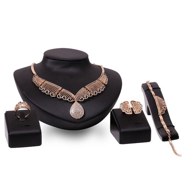 

necklace earrings bracelet ring 4-piece set luxury royal full rhinestone 18k gold plated alloy water drop bride wedding jewelry set js554, Slivery;golden