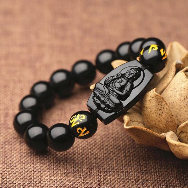 

10mm natural black obsidian carved buddha lucky amulet round beads bracelet for women men bracelet jad e jewelry, Golden;silver