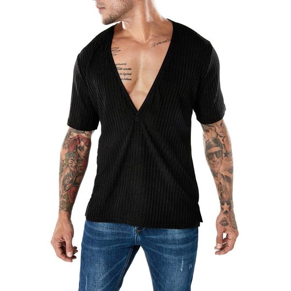 

jaycosin men's blouse polyester fashion men's casual slim short sleeve deep v shirt muscle blouse men shirt slim fit, White;black
