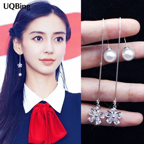 

925 sterling silver drop earrings pearl crystal flower long drop earrings for women brincos