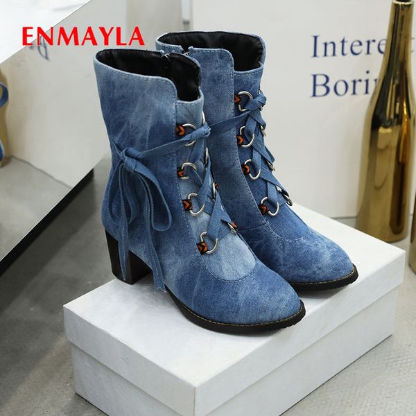 

enmayla short plush ankle boots for women denim women boots zip western pointed toe rubber square heelwinter boots cross-tied t200425, Black