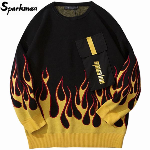 

2019 мужчины хип-хоп свитер пуловер огонь пламя harajuku streetwear трикотажные свитера карманного мода осень хлопок крупногабаритные, White;black