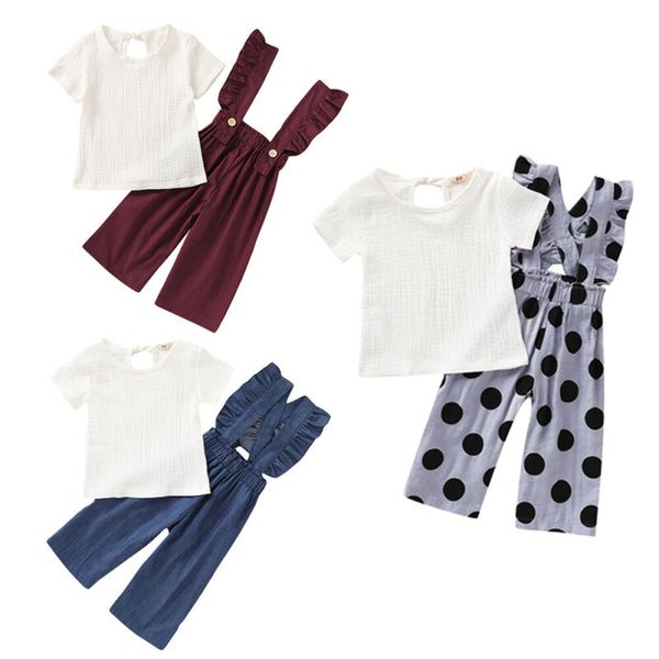 

2020 baby summer clothing 2pcs kids baby girl cotton linen clothes short sleeve t-shirt +polka overall pants outfits 1-6y, White