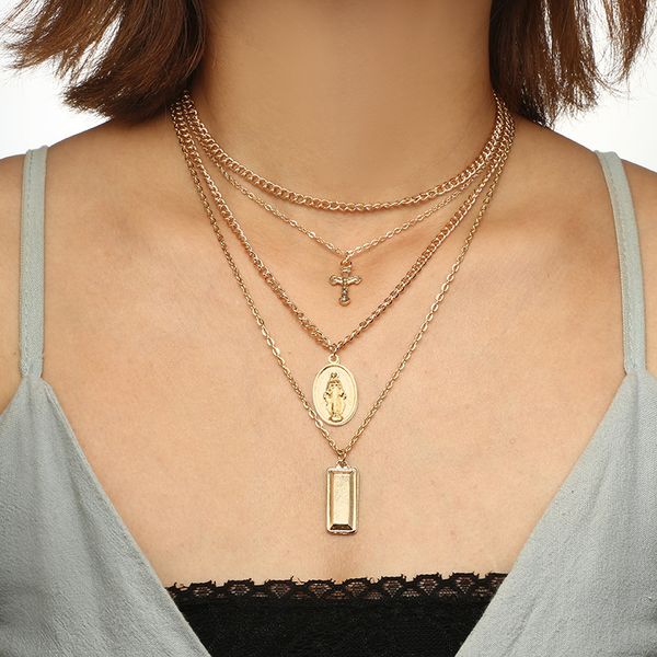 

fashion new style alloy virgin mary cross women's multi-layer necklace, Silver