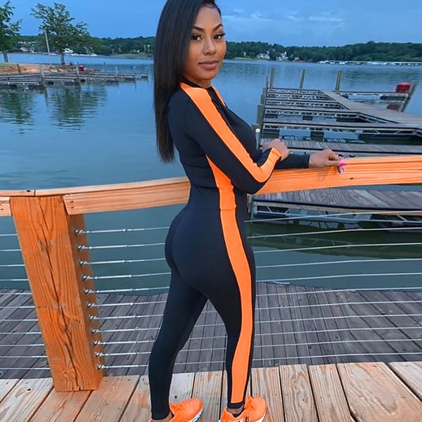 

New Arrival Jumpsuits Fashion Women's Fluorescent Zipper Stitching Yoga Sports Jumpsuit Casual Women Streetwear Rompers S-L