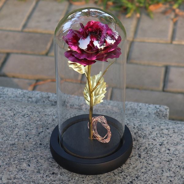 

artificial gold foil rose flower led light string in glass dome on wooden base the gift for women valentine's day gifts