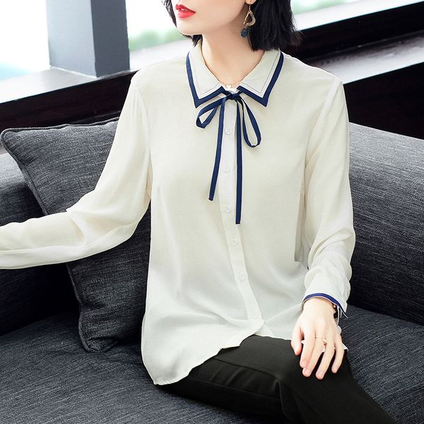 

new spring 2019 high-quality women's wear office lady bow tie real silk 100% shirt women's fashion white blouses and p8024