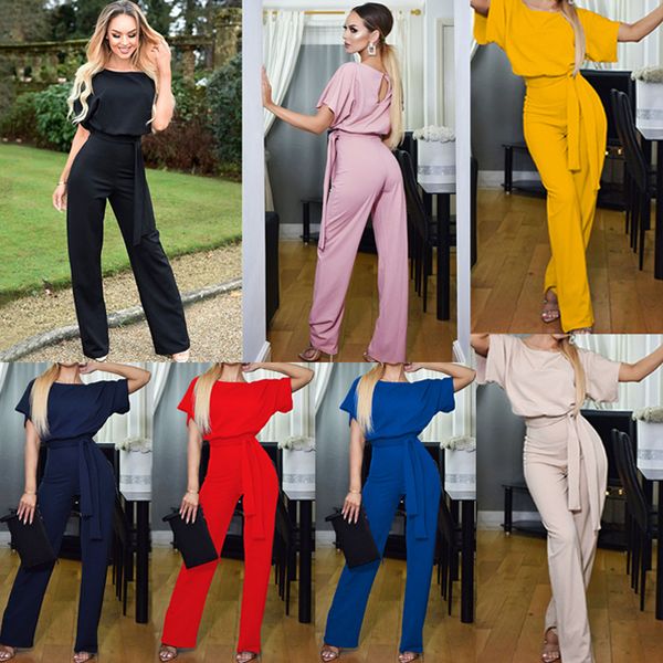 

summer women solid loose jumpsuit o neck short sleeve elegant jumpsuits long pants casual bodysuit overalls plus size clothing, Black;white
