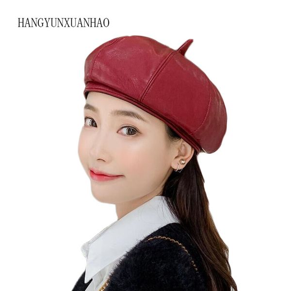 

hangyunxuanhao women faux leather berets autumn winter solid color pu leather felt cap beret hats gorras beret female, Blue;gray