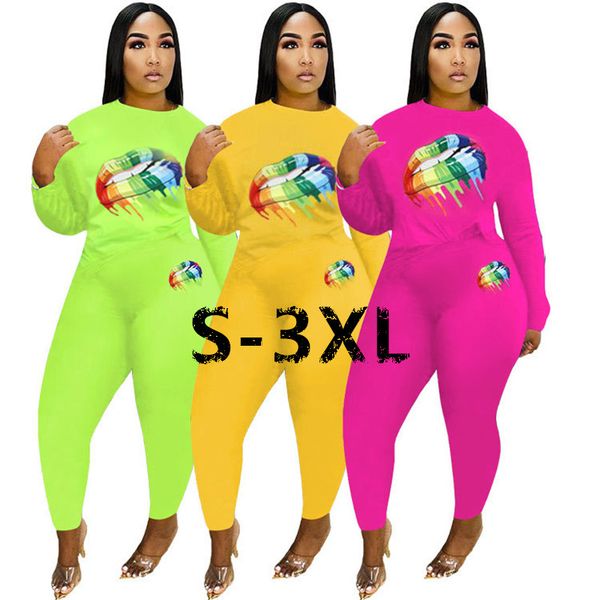 

women tracksuit spring sports 2020 new lovely fluorescent color lips two piece long sleeve t shirt pants leggings sport suit e22403, Gray