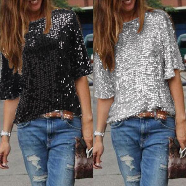 

romantic ladies sloping shoulder glistening sequin stylish chic slim shirt shirt loose soft casual women t shirts, White