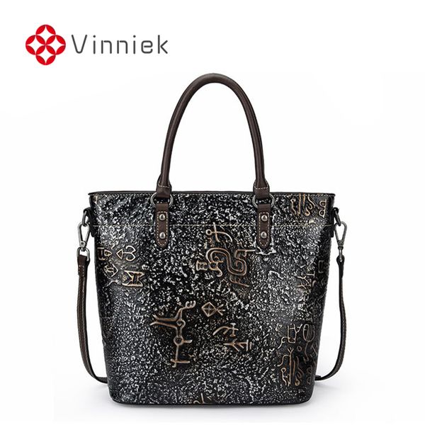

2020 women vintage trend genuine leather embossed tote bag female handmade soft shoulder ladies bucket large capacity handbags
