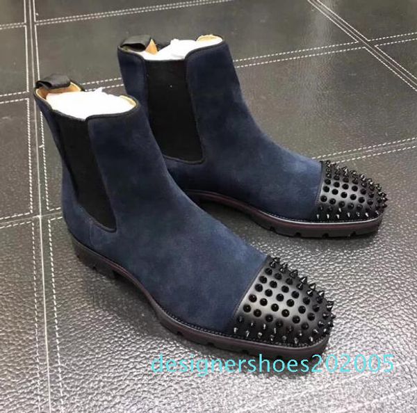

fashion luxury men boots red bottom design men ankle boots low heels genuine leather suede with rivets melon spikes short knight d05 d05, Black