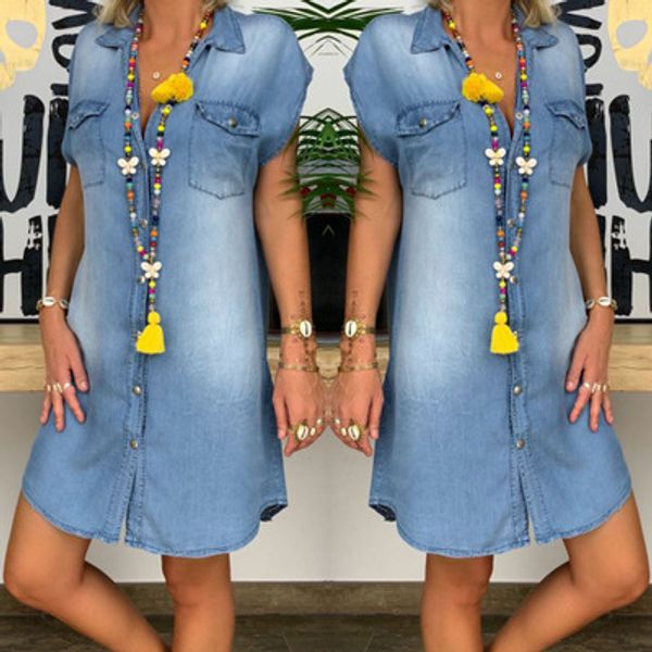 

hirigin summer new pocket short-sleeved denim chest button dress casual office lady, Black;gray
