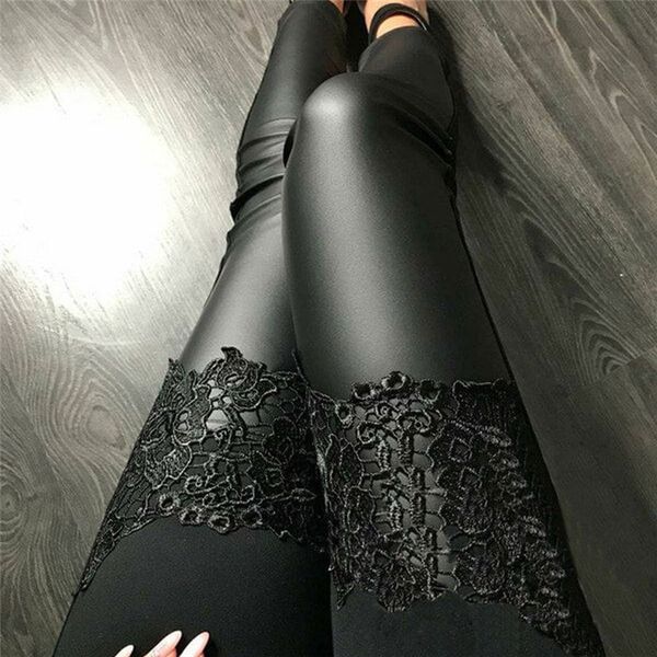 

женщины брюки женщин new stretch высокой талией блестящая pu брюки тощий vogue кружева лоскутная поддельный кожаные поножи карандаш штаны то, Black;white