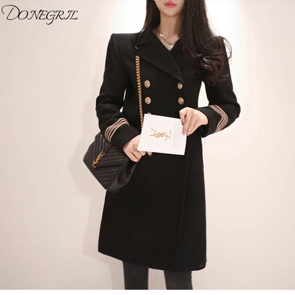 

2019 winter trench coat women office lady solid black outerwear coats full button double-breasted pockets woolen overcoat female