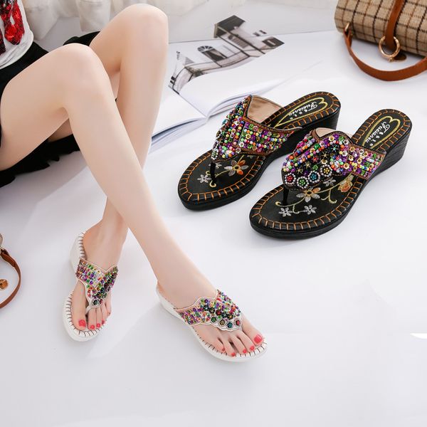 

fashion ethnic leisure women slippers wedges med solid platform flip flops open toe crystal outdoor shoes, Black