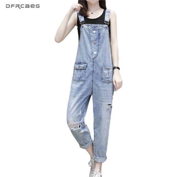 

light blue loose womens jumpsuit jean pants with hole 2020 summer high waist vintage ladies suspender rompers denim overalls, Black;white