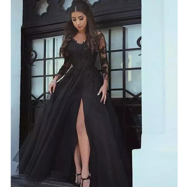 

custom long seeves lace split evening dresses 2020 with appliques sweetheart neck court train formal prom party gowns, Black;red